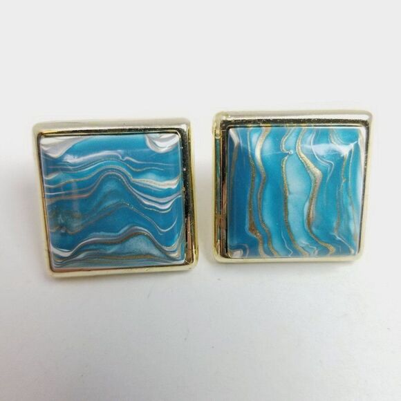 Vintage Blue Marbled Design Square Stud Earrings, Retro 80s Style, Estate - Picture 2 of 6